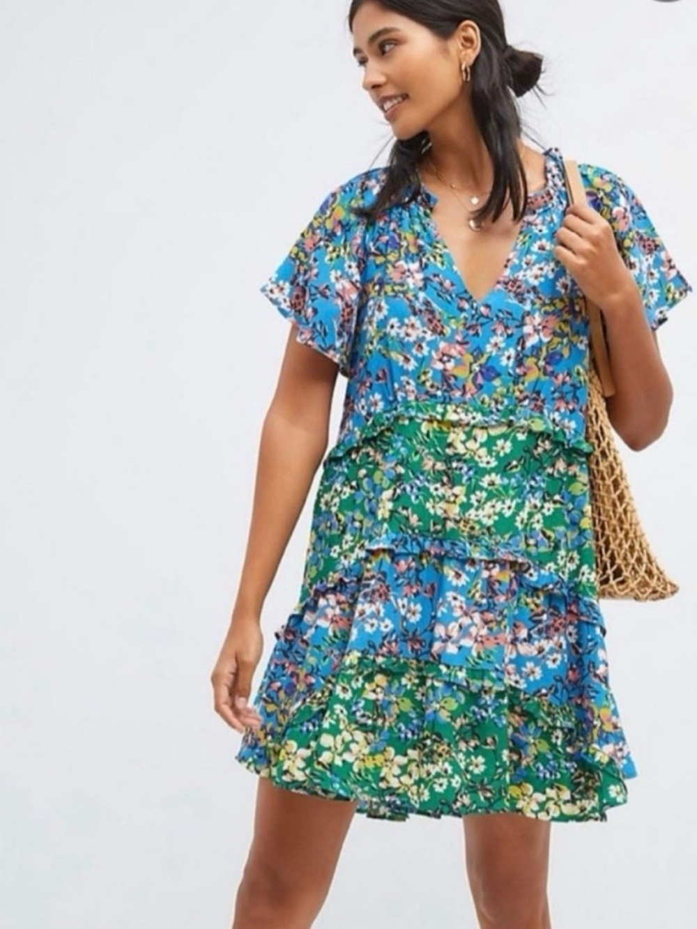 Anthropologie XS Floral Tiered Ruffle Dress Blue Green V-Neck Boho Mini
